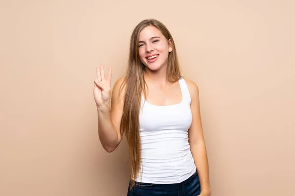 Teenager Blonde Girl Isolated Background Happy Counting Three Fingers — Stock Photo, Image