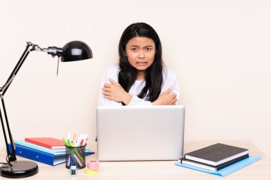 İşyerinde bej arka planda izole edilmiş dizüstü bilgisayarı olan Asyalı bir kız. Donuyor.