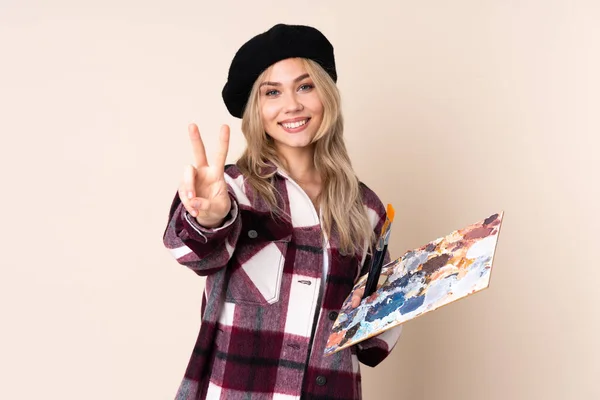 Tonåring Artist Flicka Som Håller Palett Isolerad Blå Bakgrund Ler — Stockfoto