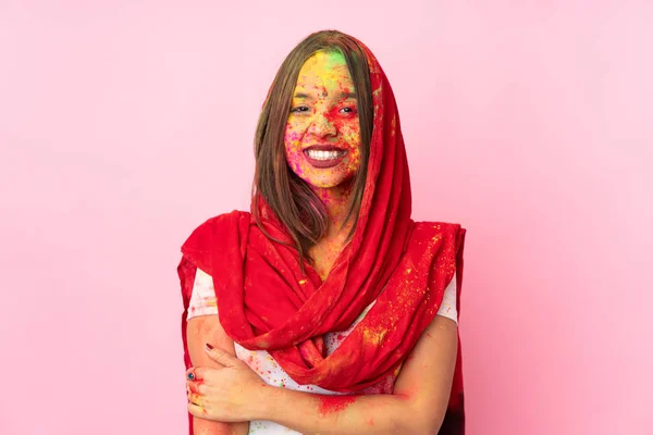 Jeune Femme Indienne Avec Des Poudres Holi Colorées Sur Son — Photo