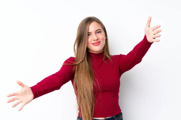 Teenager Blonde Girl Isolated White Background Presenting Inviting Come Hand — Stock Photo, Image