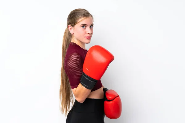 Sport Teenager Mädchen Über Isolierten Weißen Hintergrund Mit Boxhandschuhen — Stockfoto