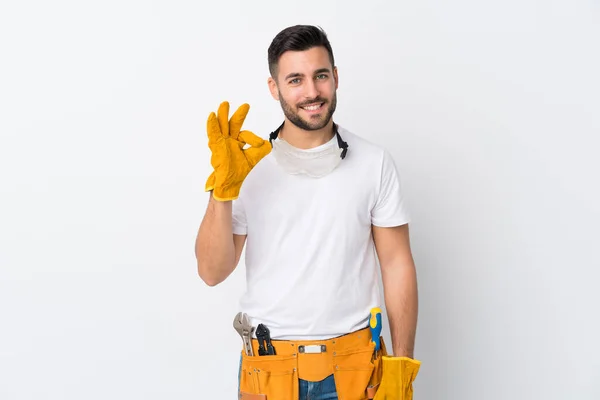 Artesanos Electricista Sobre Fondo Blanco Aislado Mostrando Signo Aceptable Con — Foto de Stock