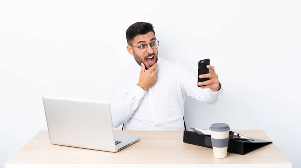 Young Businessman Workplace Making Selfie — Stock Photo, Image