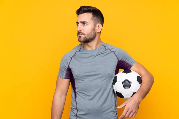 Man Isolated Yellow Background Soccer Ball — Stock Photo, Image