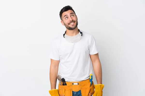 Craftsmen Electrician Man Isolated White Background Laughing Looking — Stock Photo, Image