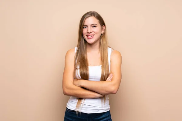 Blondes Teenager Mädchen Über Isoliertem Hintergrund Das Die Arme Frontaler — Stockfoto