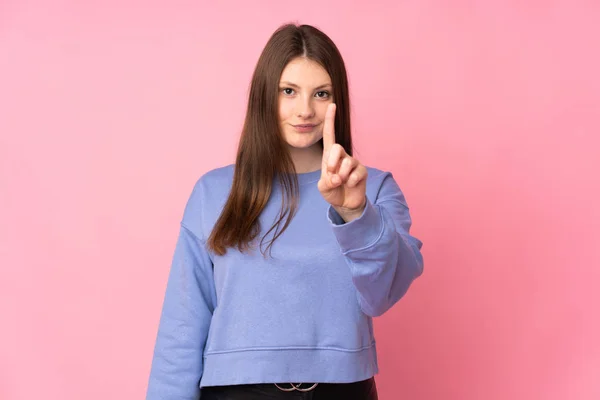 Teenager Kaukasischen Mädchen Isoliert Auf Rosa Hintergrund Zählen Einer Mit — Stockfoto