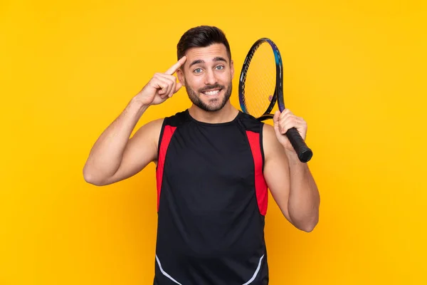 Man Isolated Yellow Background Playing Tennis — ストック写真