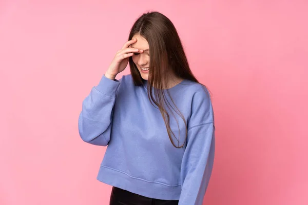 Teenager Caucasian Girl Isolated Pink Background Laughing — Stock Photo, Image