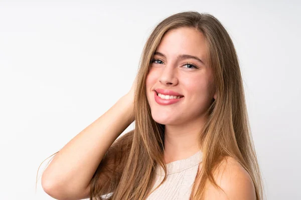 Retrato Menina Loira Adolescente Bonita Sobre Fundo Branco Isolado — Fotografia de Stock