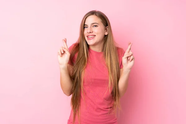 Teenager Blonde Mädchen Über Isolierten Rosa Hintergrund Mit Daumen Drücken — Stockfoto