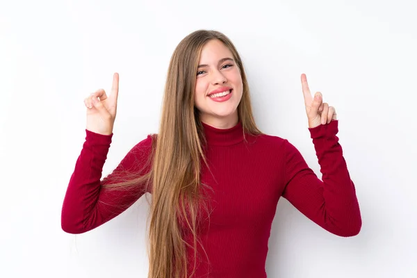 Adolescente Loira Sobre Isolado Fundo Branco Apontando Para Uma Ótima — Fotografia de Stock