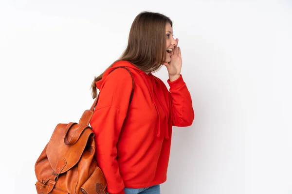 Adolescente Caucasico Studente Ragazza Isolato Sfondo Bianco Gridando Con Bocca — Foto Stock