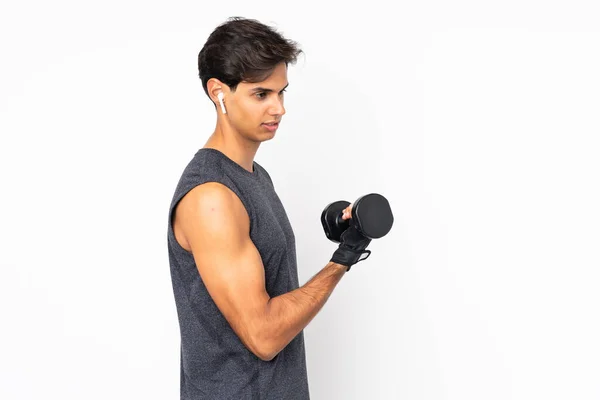 Hombre Deporte Sobre Fondo Blanco Aislado Haciendo Levantamiento Pesas — Foto de Stock