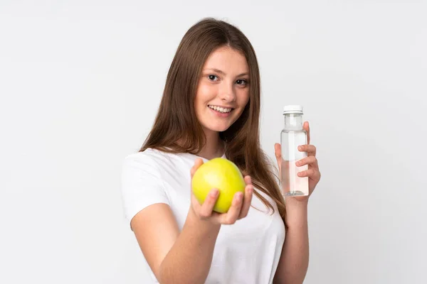 Teenager Caucasian Girl Isolated White Background Apple Bottle Water — Stock Photo, Image