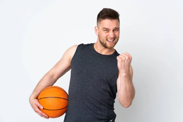 Ruso Guapo Hombre Aislado Blanco Fondo Jugando Baloncesto — Foto de Stock