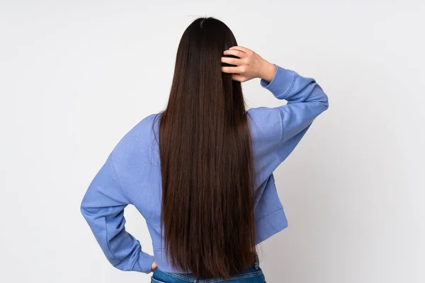 Jovem Ásia Mulher Isolado Fundo Volta Posição Pensamento — Fotografia de Stock