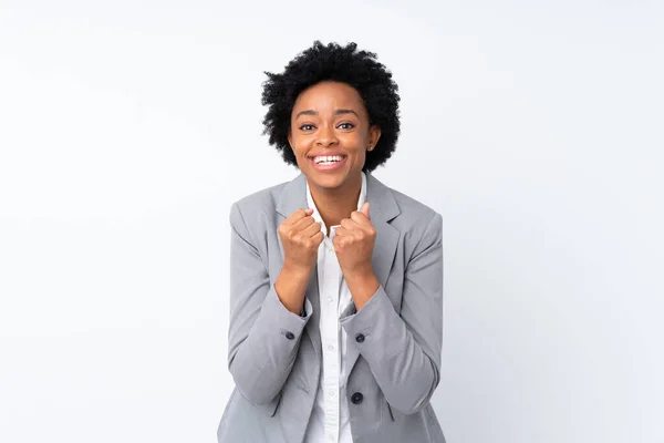 Africano Americano Mulher Negócios Sobre Isolado Fundo Branco Celebrando Uma — Fotografia de Stock