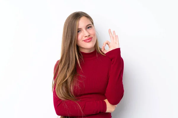Teenager Blonde Mädchen Über Isolierten Weißen Hintergrund Zeigt Zeichen Mit — Stockfoto