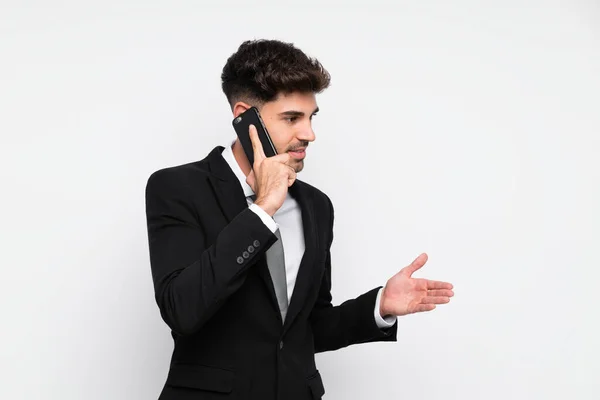 Молодой Бизнесмен Мобильным Телефоном Изолированном Белом Фоне — стоковое фото