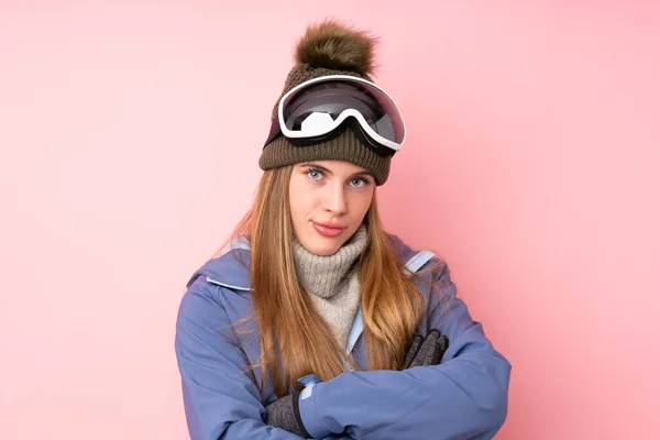 Skier Teenager Girl Snowboarding Glasses Isolated Pink Background Keeping Arms — Stock Photo, Image