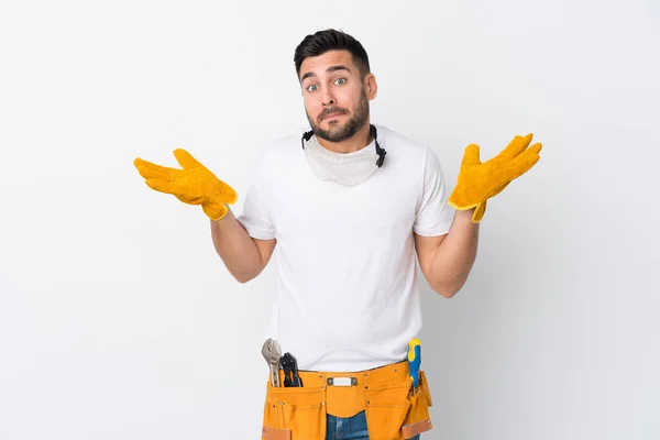 Artesanos Electricista Sobre Fondo Blanco Aislado Teniendo Dudas Con Expresión — Foto de Stock