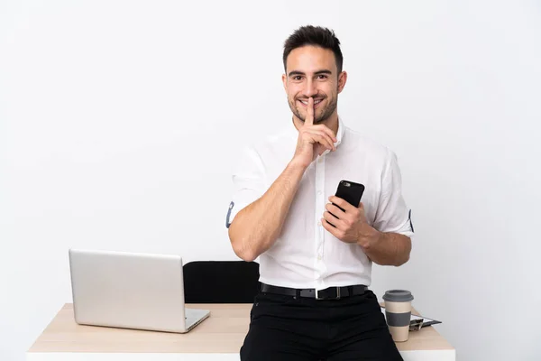 Young Business Man Mobile Phone Workplace Doing Silence Gesture — Stok fotoğraf