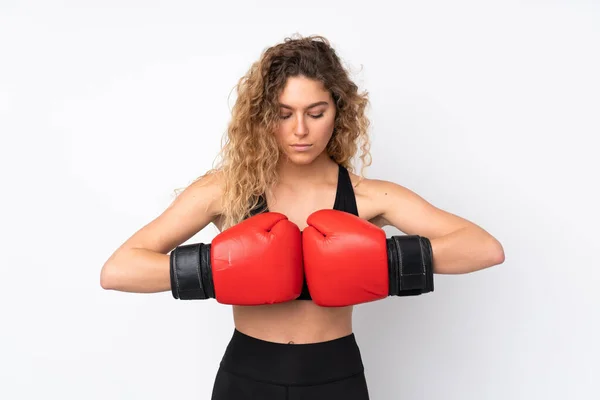 Jovem Mulher Esporte Isolado Fundo Branco Com Luvas Boxe — Fotografia de Stock