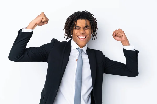 Jovem Homem Negócios Afro Americano Sobre Fundo Branco Isolado Celebrando — Fotografia de Stock