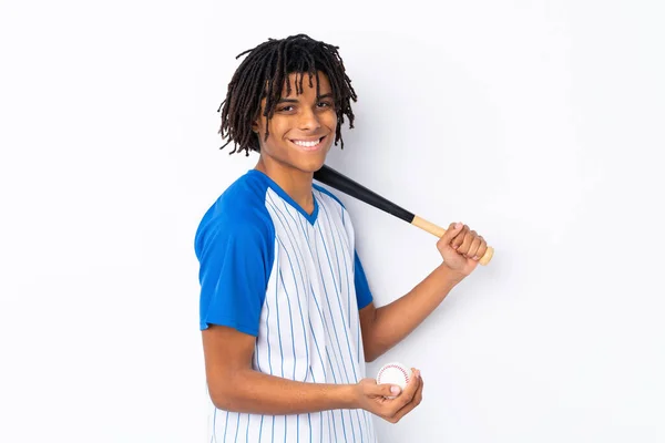Jonge Afro Amerikaanse Man Spelen Honkbal Geïsoleerde Witte Achtergrond Spelen — Stockfoto