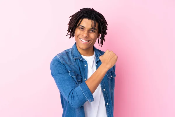 Young African American Man Jean Shirt Isolated Pink Background Celebrating — Stock Photo, Image