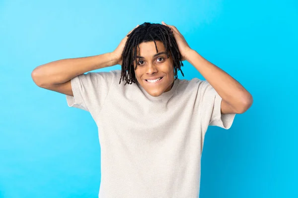 Young African American Man Isolated Blue Background Frustrated Takes Hands — Stock Photo, Image
