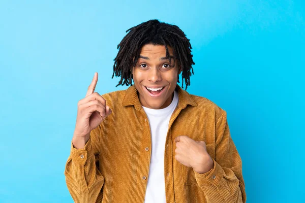 Young African American Man Corduroy Jacket Isolated Blue Background Surprise — 图库照片