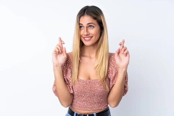 Young Uruguayan Woman Isolated White Background Fingers Crossing — Stock Photo, Image