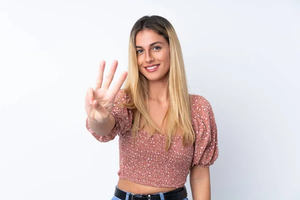 Jeune Femme Uruguayenne Sur Fond Blanc Isolé Heureux Comptant Trois — Photo