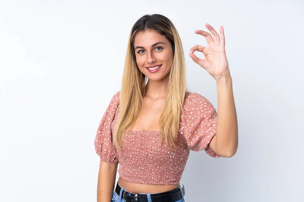 Junge Uruguayische Frau Über Isoliertem Weißen Hintergrund Zeigt Zeichen Mit — Stockfoto