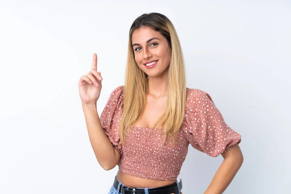 Молодая Уругвайская Женщина Изолированном Белом Фоне Показывает Поднимает Палец Знак — стоковое фото