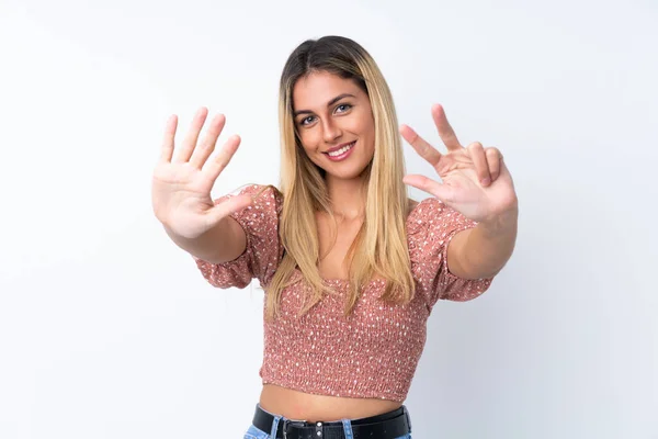 Young Uruguayan Woman Isolated White Background Counting Eight Fingers — Stock Photo, Image
