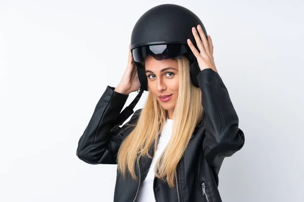 Young Uruguayan Woman Motorcycle Helmet Isolated White Background — Stock Photo, Image