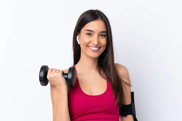 Young Sport Brunette Woman Isolated White Background Making Weightlifting — Stock Photo, Image