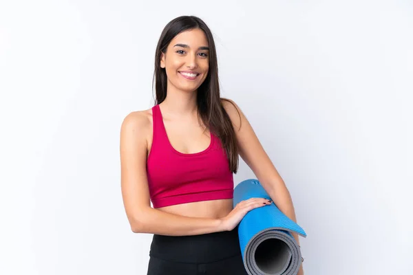 Young Sport Brunette Woman Isolated White Background Mat Smiling — Stock Photo, Image