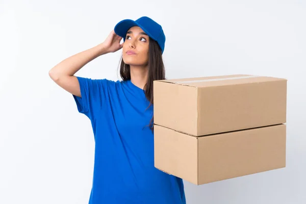 Young Delivery Woman Isolated White Background Having Doubts Confuse Face — Stock Photo, Image