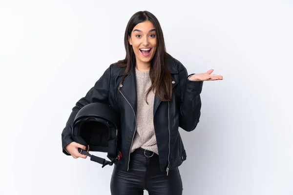 Giovane Donna Bruna Con Casco Moto Sfondo Bianco Isolato Con — Foto Stock