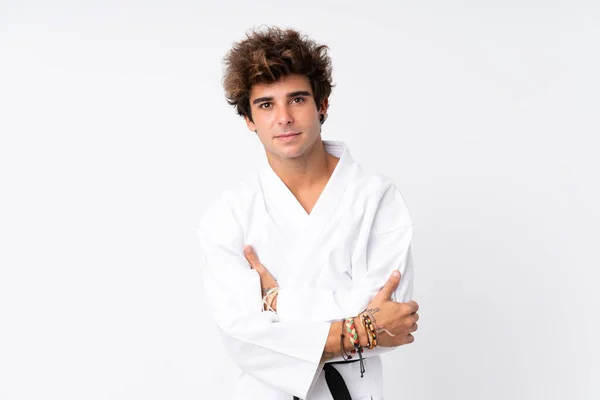 Young Caucasian Man Isolated White Background Doing Karate Keeping Arms — Stock Photo, Image
