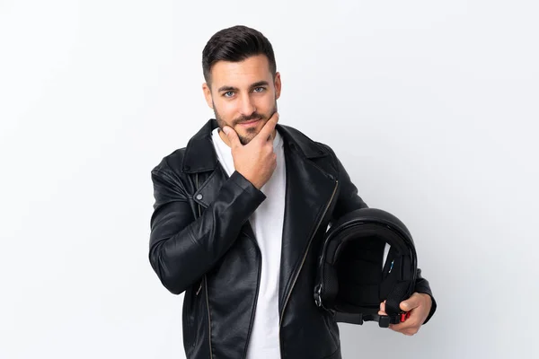 Mann Mit Motorradhelm Denkt Sich Eine Idee Aus — Stockfoto