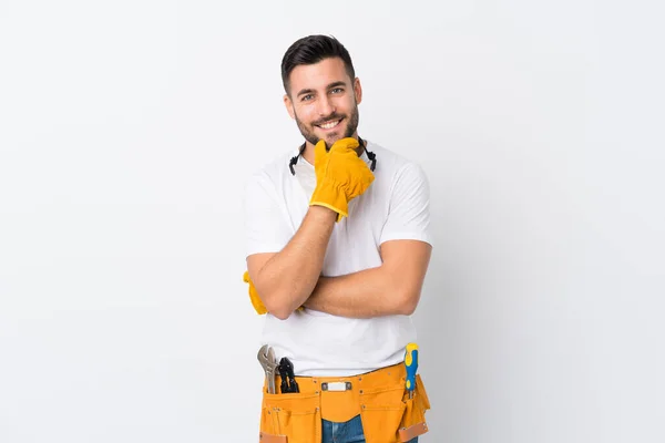Craftsmen Electrician Man Isolated White Background Laughing — Stock Photo, Image