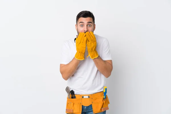 Craftsmen Electrician Man Isolated White Background Surprise Facial Expression — Stock Photo, Image
