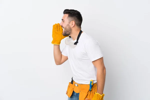 Artesãos Eletricista Homem Sobre Isolado Fundo Branco Gritando Com Boca — Fotografia de Stock