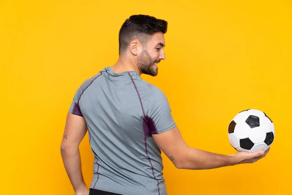 Man Isolated Yellow Background Soccer Ball — Stock Photo, Image